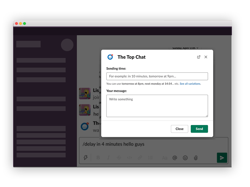The Top Chat - Slack Schedule message in dialog window