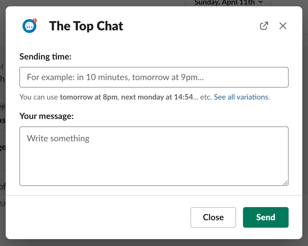 The Top Chat - Schedule message in Slack chat dialog