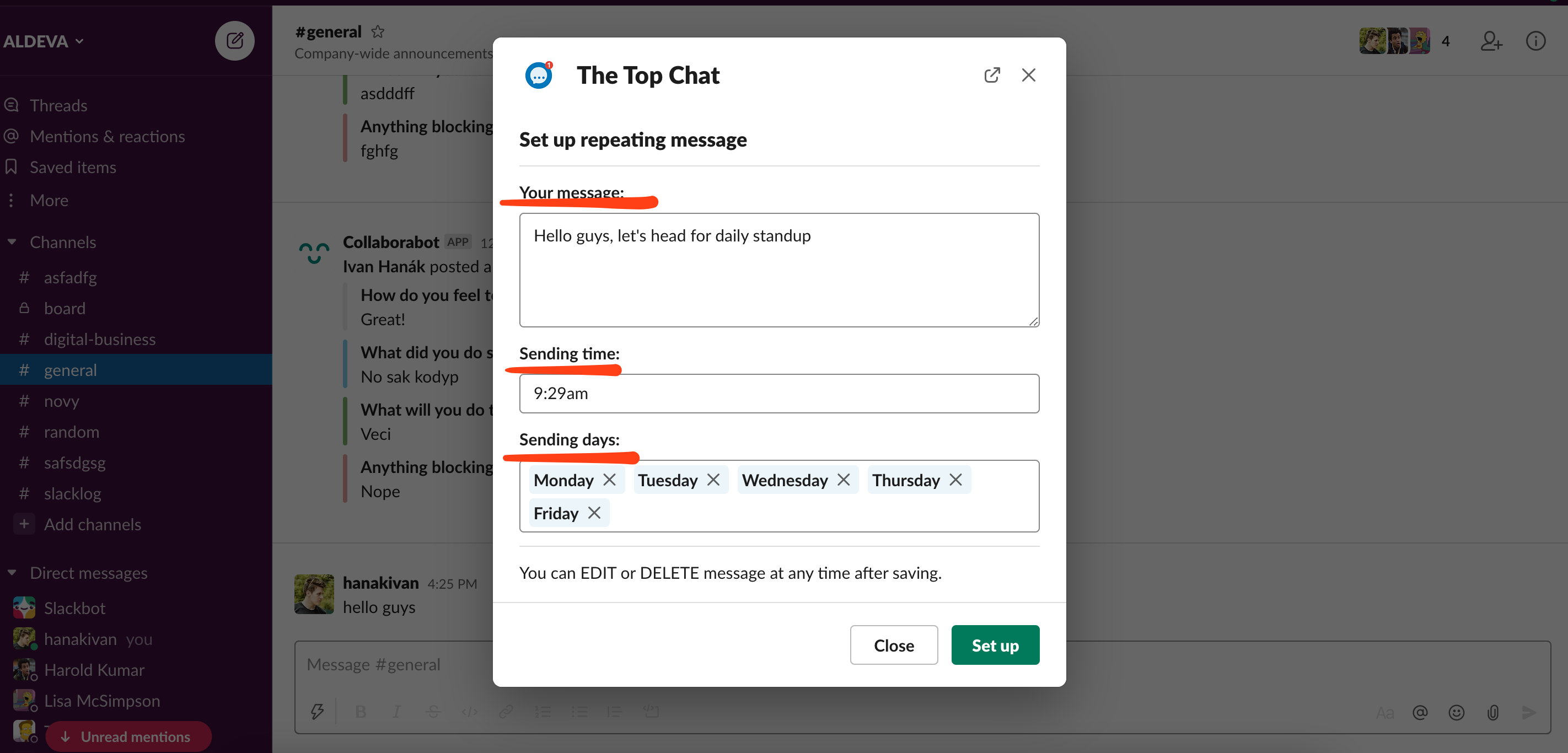 Slack create recurring message dialog window