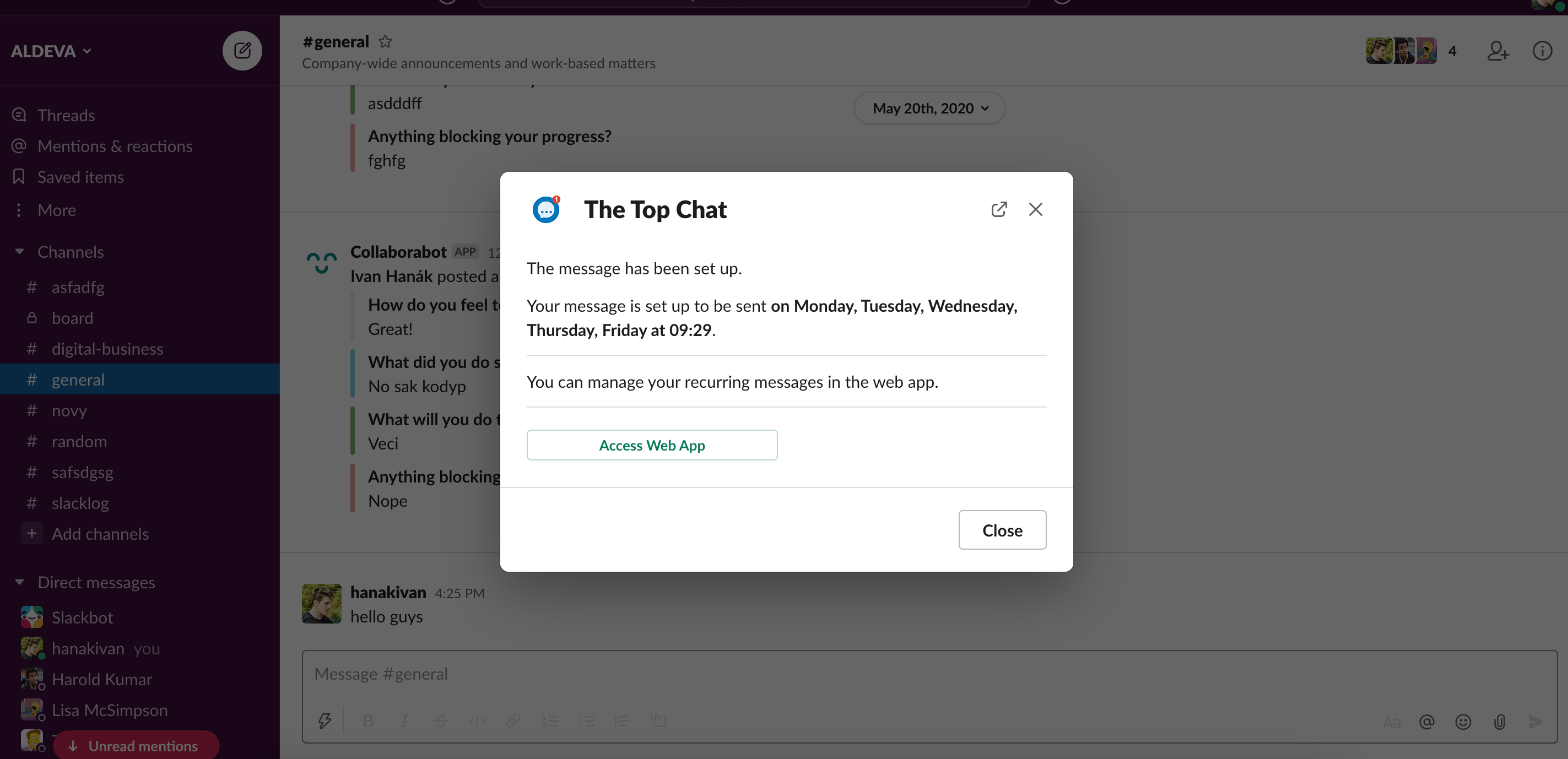Slack recurring message dialog window confirmation