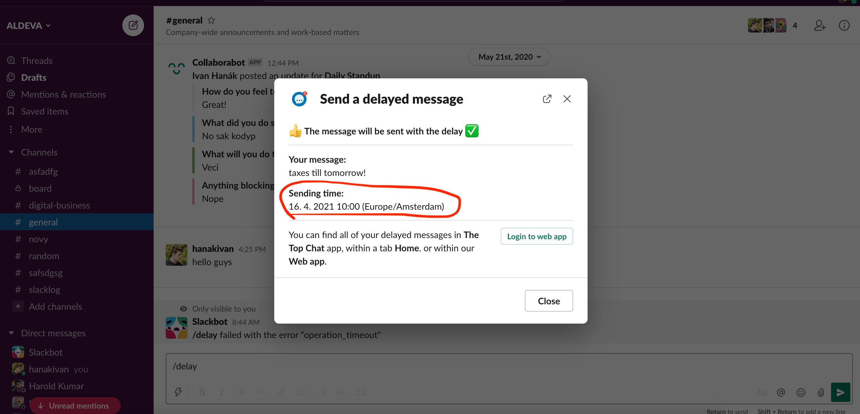 Slack schedule message dialog window